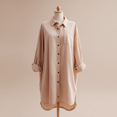 mock up tunic, long beige colored tunic with casual design, made of lightweight material, long sleeves with buttons on the front, on a mannequin, ai generated images.