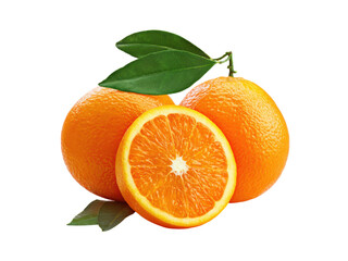 Whole and sliced oranges with green leaves on black citrus fruit, Isolated, Transparent Png