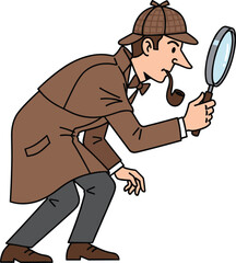 Cartoon detective character with magnifying glass, mystery investigator illustration, classic detective in coat, clue search concept, vector art design