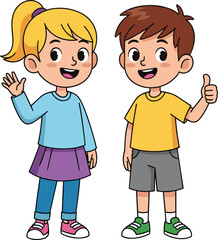 Cute cartoon boy and girl standing together, waving and smiling, happy kids illustration perfect for education, friendship, and childhood concepts