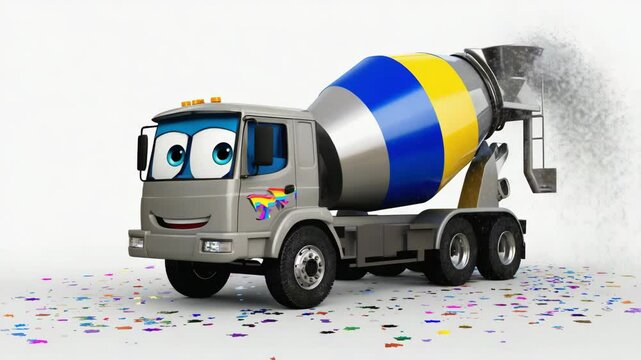 3D cute cartoon character silver concrete mixer rotating loop motion video.ai 