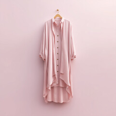 mock up tunic, long tunic with light pink color, flowy fabric that looks elegant, minimalist design with small buttons on the front, ai generated images.