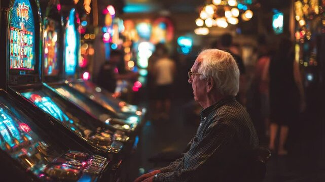 Elderly man playing slot machine in a crowded room, bright flashing lights and sounds