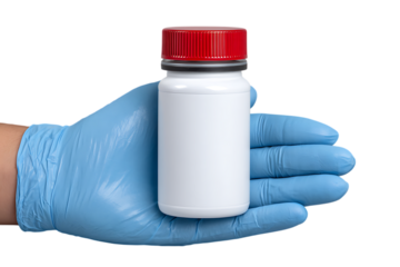 Hand wearing blue medical glove holding a white pill bottle with red cap isolated on transparent background