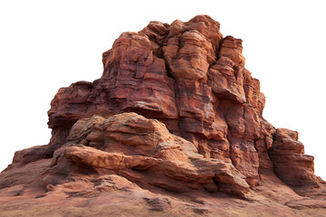 Fototapeta premium A tall weathered sandstone rock formation with layered strata in earthy red and brown tones isolated on transparent background