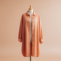 mock up tunic, long orange pastel colored tunic with casual design, made of lightweight material, long sleeves with buttons on the front, on a mannequin, ai generated images.