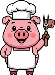 Cute cartoon pig chef mascot, happy piglet in apron and hat, holding meat fork, perfect for BBQ and food branding
