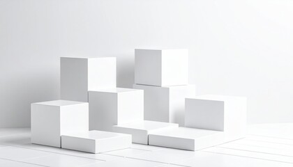 Minimalist arrangement of white geometric blocks on a clean surface, ideal for product display