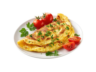 Golden omelette with fresh parsley and cherry tomatoes image, Isolated, Transparent Png