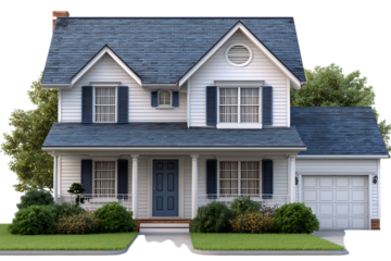 Charming white two story residential house with blue shutters and a garage isolated on transparent background