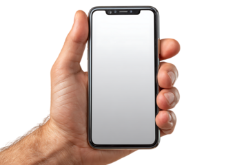 Man holding a modern smartphone with a blank white screen in his hand isolated on transparent background