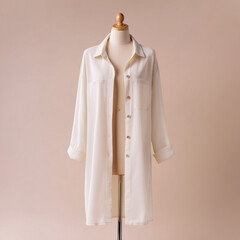 mock up tunic, long white colored tunic with casual design, made of lightweight material, long sleeves with buttons on the front, on a mannequin, ai generated images.