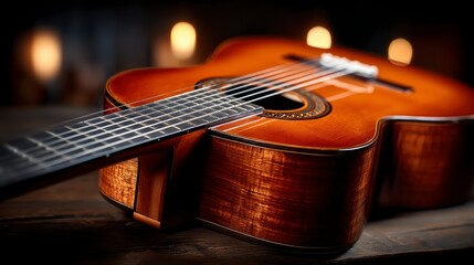 Close up of a classical acoustic guitar with wooden body and strings on a dark wooden surface