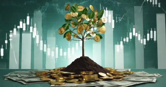 A golden money tree grows from soil with stacks of coins, surrounded by financial charts and dollar bills