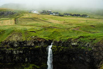 Cloudy Day at Gasadalur Waterfall, Vagar Island, Faroe Islands