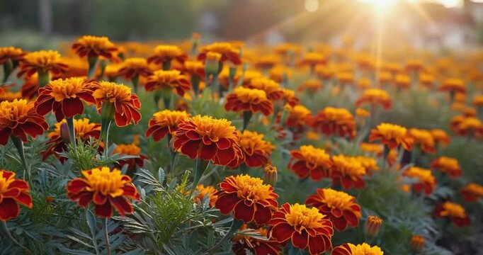 Vibrant marigold blossoms in a garden setting, bathed in golden sunlight