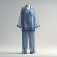 pajama mock up, plain blue sheer rayon pajamas with wide collar, on mannequin, neutral light grey background with soft studio lighting,  ai generated images.