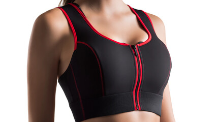 Woman displays black sports bra with red trim on transparent background.