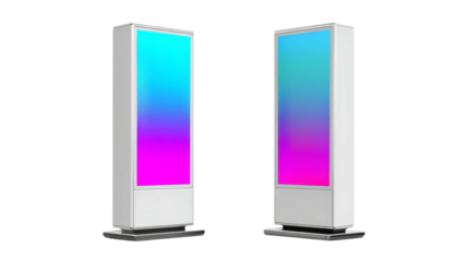 Two vertical digital displays are displaying a vibrant blue to pink gradient light.