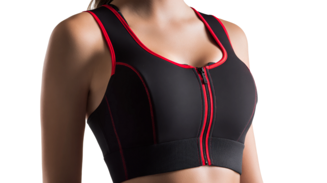 Woman displays black sports bra with red trim on transparent background.