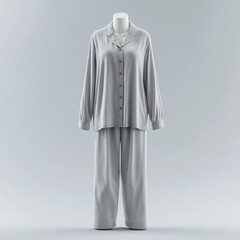 pajama mock up, plain grey sheer rayon pajamas with wide collar, on mannequin, neutral light grey background with soft studio lighting, ai generated images.