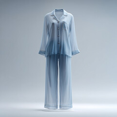 pajama mock up, plain blue sheer rayon pajamas with wide collar, neutral light grey background with soft studio lighting, ai generated images.