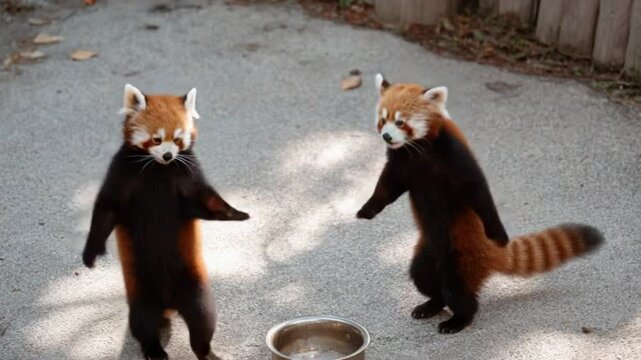 Two red pandas standing on ground