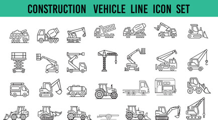 Construction vehicle line icon set. van, snow, plough, vacuum, mixer, dump, concrete, pump, tower, mobile, crawler, heavy, machine, machinery, icons, transport etc.
