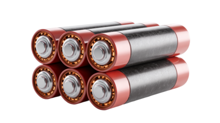 Six cylinder batteries with red caps and gray bodies are arranged on a transparent background.
