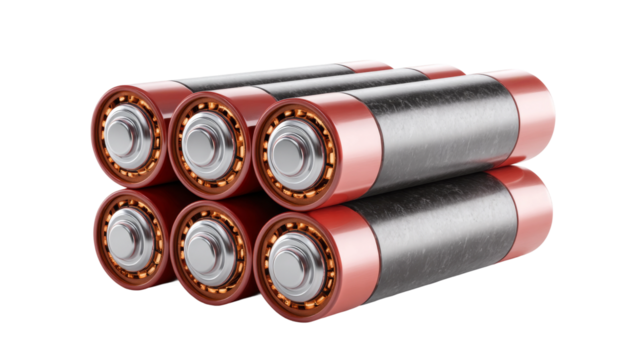 Six cylinder batteries with red caps and gray bodies are arranged on a transparent background.
