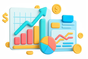 Digital 3D Stock Market Analysis in PNG transparent background with Growth Charts and Financial Investment Data.