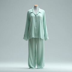 pajama mock up, plain mint green sheer rayon pajamas with wide collar, on mannequin, neutral light grey background with soft studio lighting, ai generated images.