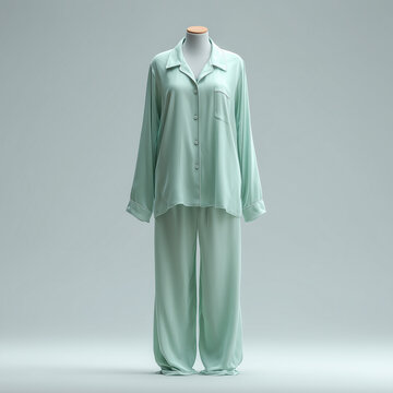 pajama mock up, plain mint green sheer rayon pajamas with wide collar, on mannequin, neutral light grey background with soft studio lighting, ai generated images.