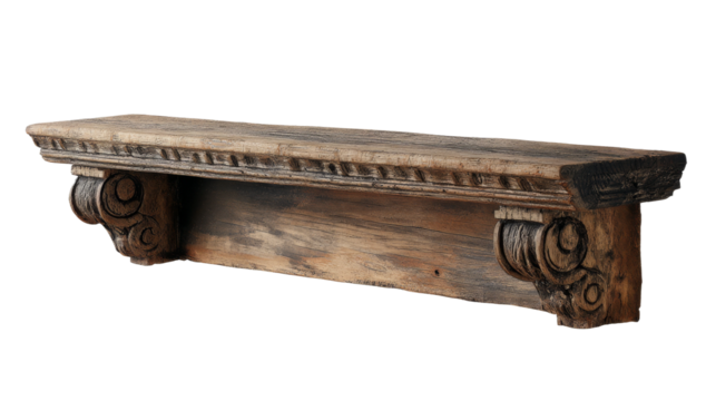 Rustic wooden shelf presents carved accents and ornamental corbels isolated on a transparent background.
