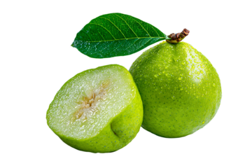 3D Render a green apple with a leaf and a half eaten apple