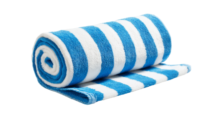 Rolled towel exhibits blue and white stripes on a transparent backdrop.