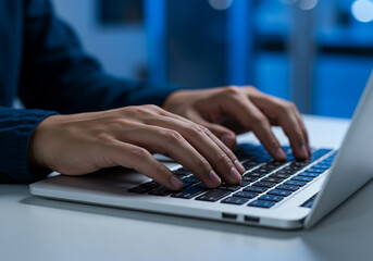 Closeup of hands typing on a laptop keyboard at night, illuminated by blue light