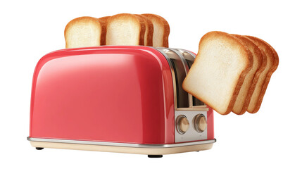 Red toaster prepares slices of white bread on a transparent background for breakfast meal.