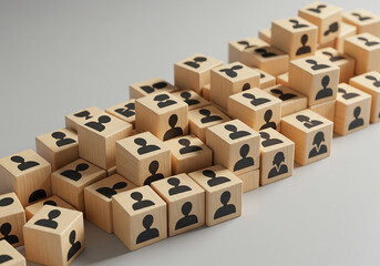 Fototapeta premium Many small wooden blocks with black people icons form a flowing group, isolated on white background