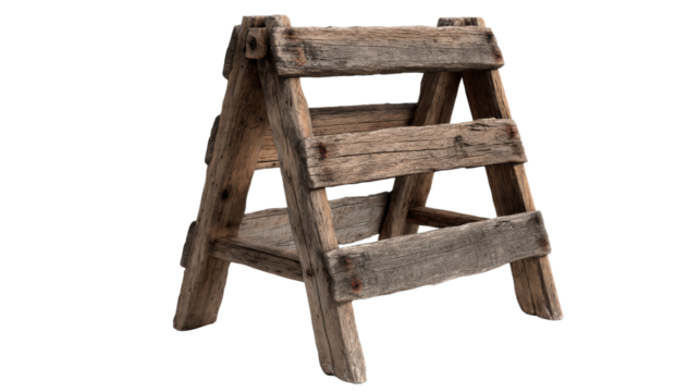 Old wooden ladder presents three steps and supports connected by rusty nails over transparent area.