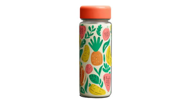 Isolated water bottle displays colorful fruit and foliage designs and an orange lid.
