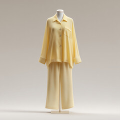 pajama mock up, plain yellow sheer rayon pajamas with wide collar, on mannequin, neutral light grey background with soft studio lighting, ai generated images.