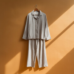 pajama mock up, soft cotton pajamas with small polka dots pattern with loose pants, silver color, floating, bright gray background,ai generated images.