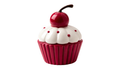 Decorative shiny ceramic cupcake with cherry topping is isolated.