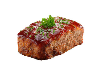 Savory meatloaf glazed with tomato sauce and garnished with herbs food, Isolated, Transparent Png