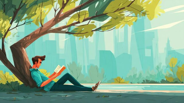 A young man reading a book under a tree in a city park, quiet and peaceful mood, clean flat vector illustration