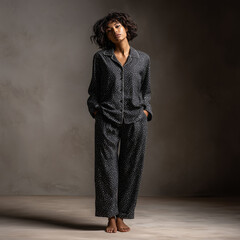 pajama mock up, soft cotton pajamas with small polka dots pattern with loose pants, black color, floating, bright gray background, ai generated images.