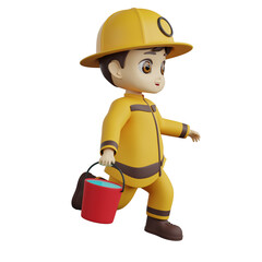 A 3D illustration of a young firefighter in a yellow suit, carrying a water bucket. Ideal for safety or hero-themed designs.