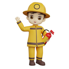 A 3D illustration of a young firefighter child waving while holding a fire extinguisher in a yellow safety suit, ready for action.
