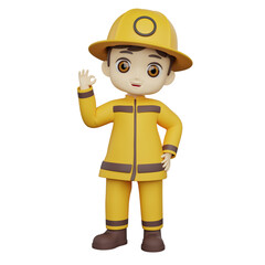 A 3D illustration of a young firefighter child waving, dressed in a yellow fire suit with a helmet, ready for action.